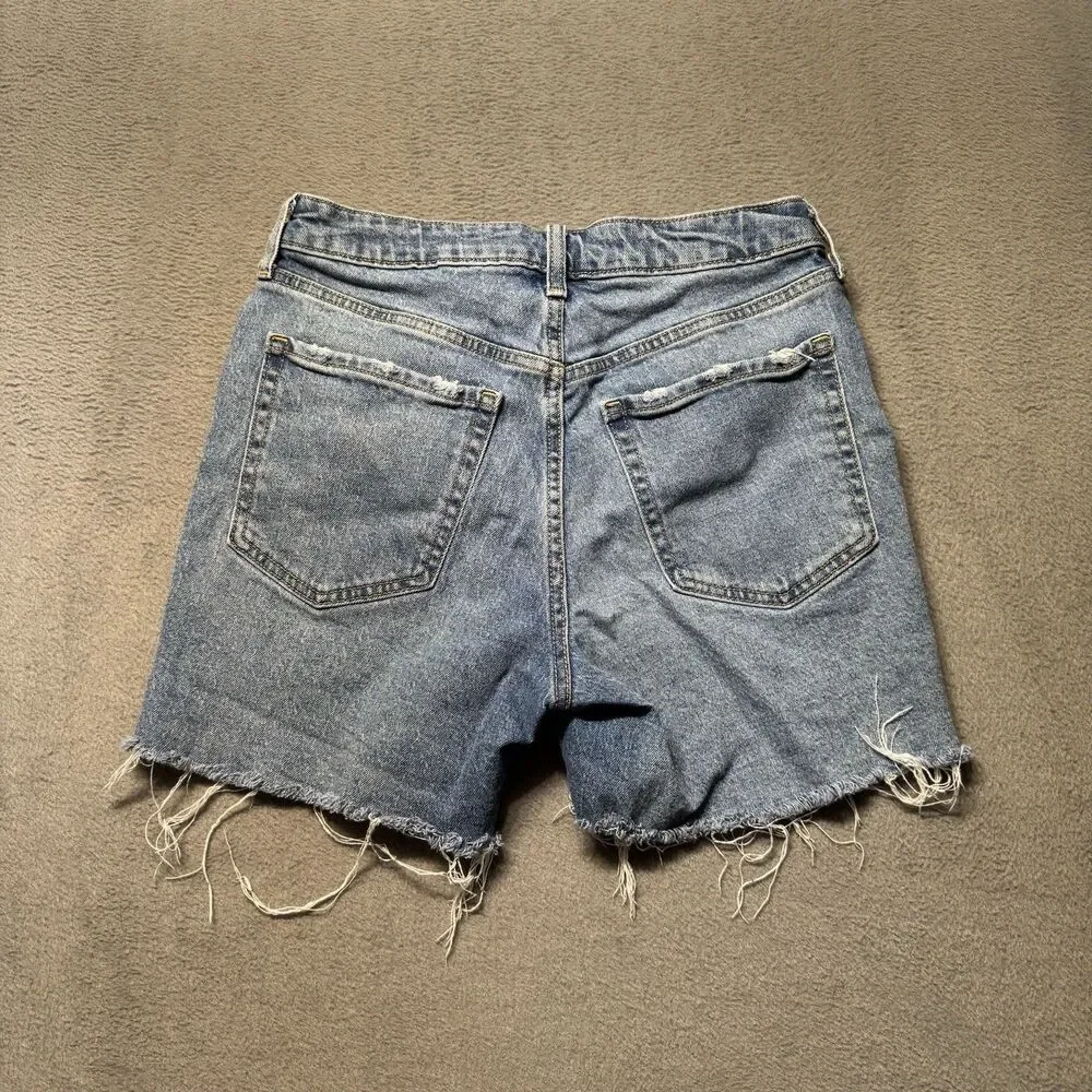 Old Navy Womens 4 Shorts Blue High Rise OG Straight Distressed Fringe Hem Denim